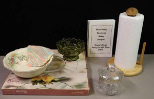lot 256 image: E46N8 Homer Laughlin Virginia Rose Serving Bowl, Moments 14-Inch Glass Platter, Fenton Colonial Green Hobnail Heavy Candle Holder Dish 6 x 3 Etc
