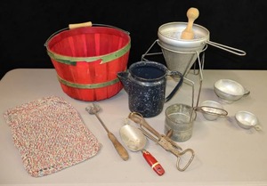 lot 258 image: Vintage Colander Masher Stand, Apple Basket, Utensils, Kitchen Textiles, Granite-Ware Kettle Etc
