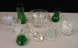 lot 260 image: Cut-Class Bowls Decor Candle Holders, Green Flower Vases Etc