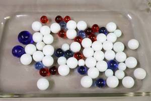 lot 261G image: Vintage Marble Collection1-Blue Shooter 1-Blue 12 Swirl 37-White Milk Glass 12-Inch 11-Red(Glow Under UVBlack Light) 9-Blue Marbles