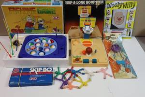 lot 271 image: Vintage Kids Toys, GamesFishing Game Taiwan, Hop-A-Long Hopster, Rail Thriller, Skip-O Etc