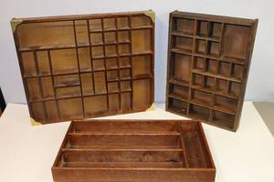 lot 281 image: (2) Wood Shadow Boxes and Wood Divided Silverware Gadget Tray