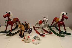 lot 284 image: Holiday DeCor Wooden Rocking Horses wOne Musical, Glass Ornament Etc