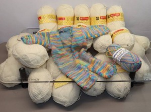 lot 308 image: Bulk Quality Yarn Spinnerin Wintuck Sport 100% Acrylic, Knit Project Baby Doll Onsie Sweater Project Started wAdditional Yarn