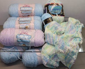 lot 328 image: Baby Blanket Knit Crocheted Project Started wAdditional Bernat Yarn