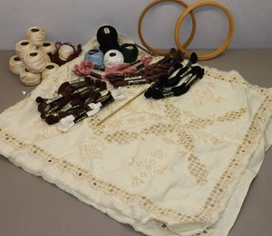 lot 356 image: Hardanger Needlework Stitched Project Started wFloss and Accessories Etc