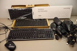 lot 358 image: (2) New Wired Keyboards Victsing PC205A, HP SK-2028 and One-Used HP w Mouse(s)