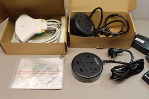 lot 366 image: NIB Belkin Flip 2-Port USB KVM Switch PS2 Power Source, (2) NTonPower Power Strip wUSB Charger OSP-3A2U-US