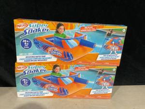lot 329 image: LOT OF 2 NERF Super Soaker Megaforce Battle Tank Ride-On &ndash Inflatable Pool Float with Pool-Fed Mega Water Blaster