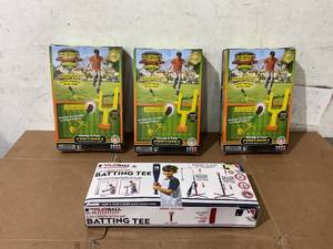 lot 222 image: LOT OF 4 Stomp Rocket Stomp & Pass Toy Football Set & Franklin Sports MLB Playball 2 in 1 Grow With Me Batting Tee