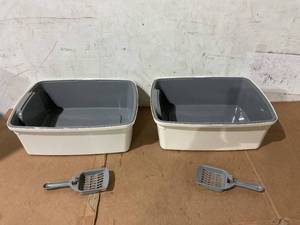 lot 297 image: LOT OF 2 Amazon Basics Large Cat Litter Box with High Sides, Open Top, Includes Scoop, 19 x 15 x 11.75 inches, GreyBeige
