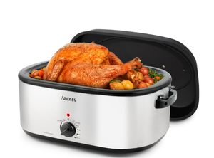 lot 587 image: Aroma 22 Quart Electric Roaster Oven with High-Dome & Self-Basting Lid, Stainless Steel