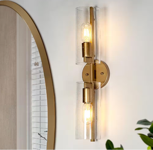 lot 98 image: Uolfin Mid-Century Cylinder Bathroom Vanity Light 2-Light Transitional Brass Gold Tube Wall Light with Seeded Glass Shades- 2PCS