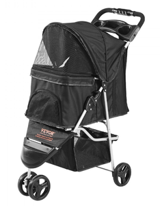 lot 651 image: VEVOR Pet Stroller, 3 Wheels Dog Stroller Rotate with Brakes, 35lbs Weight Capacity, Puppy Stroller with Front Pedal, Velcro, Storage Basket and Cup Holder, for Dogs and Cats Travel, Black