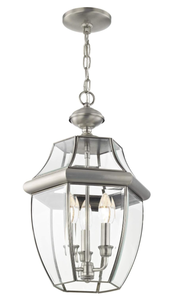 lot 54 image: Livex Lighting 2355-91 Monterey 3 Light Outdoor Brushed Nickel Finish Solid Brass Hanging Lantern with Clear Beveled Glass