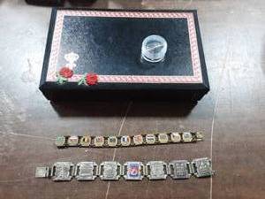 lot 1 image: Vintage Jewelry Box, 2-Souvenir Bracelets, Goodyear Blimp Pin
