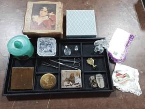 lot 14 image: Musical Jewelry Box, Glass Trinket Boxes & Perfume Bottles, Handkerchiefs, Old Compacts, More