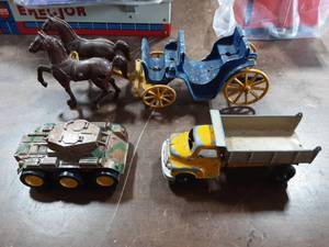 lot 42 image: Cast Horses & Wagon, Dump Truck, Tootsie Toy Tank