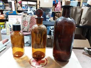 lot 45 image: 3-Vintage Apothecary MedicinePoison  Bottles & Wood First Aid Box 12x8x5