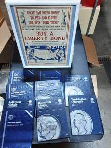 lot 46 image: Framed Liberty Bond Poster 12x15 & 9-Empty Coin Holders