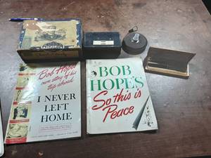 lot 52 image: Parker Fountain Pen Set, Tape Measure, Ammo Box & 2-Bob Hope Magazines