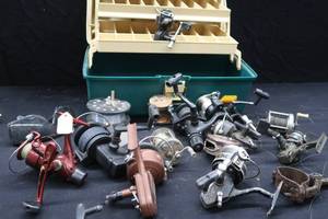 PLANO TACKLE BOX FILLED WITH VINTAGE REELS