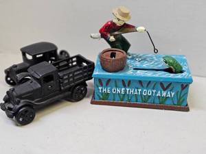 lot 35 image: Vintage Style Cast Iron Trucks and Mechanical Bank