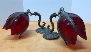 lot 239 image: Excellent Pair of Vintage Red Hanging Slag Glass Wall Sconce Lamps