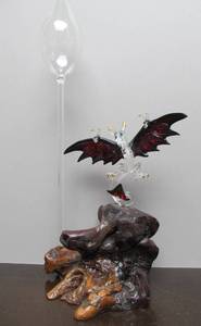 lot 107 image: Very Cool Crystal Ruby Glass Dragon Sculpture on Burled Wood Base