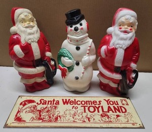 lot 143 image: Lot of 3 Vintage 1960s-70s era Christmas Blowmolds & Newer Metal Sign