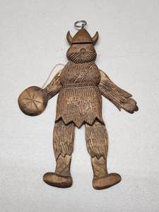 lot 145 image: Handmade Vintage Signed Jointed VIKING Carved Wood Hanging Figure