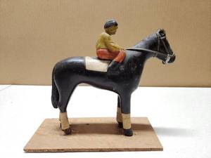 lot 150 image: Antique Early 1900s Folk Art Wood Carving of a Race Horse & Jockey