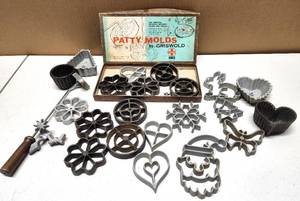 lot 156 image: Large Lot of Vintage Cast Iron etc Patty Molds etc - Including Griswold