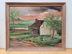 lot 186 image: Vintage 1950s era Oil on Board Painting - Deep South Shanty signed Holmberg