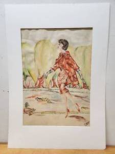 lot 188 image: Large Matted 1950s Original Illustration Style Artwork - Stylish Woman Walking - Signed E. Dahly