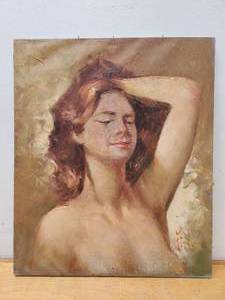 lot 191 image: Signed Vintage Mid Century Oil on Canvas Nude Portrait Painting