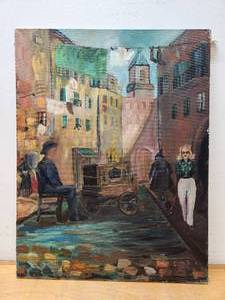 lot 193 image: Very cool Vintage Signed Mid Century Oil on Canvas Street Scene Painting