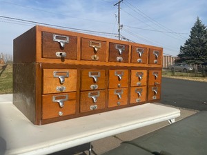 lot 3 image: Vintage 2-Piece Multi Drawer Card Catalog Cabinet