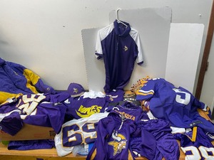 lot 89 image: LARGE Lot of MN VIKINGS Gear - Jackets Sweatshirts T-Shirts Jerseys & More