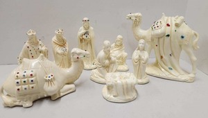 lot 222 image: Vintage Jeweled Ceramic Nativity Set