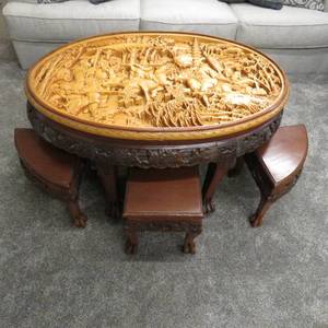 lot 1 image: Vintage Ornate Hand Carved Chinese Oval Nesting Coffee Table