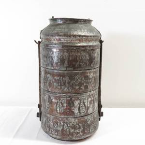 lot 9 image: Antique 4-Tiered Tin Copper Eastern Lunch Box
