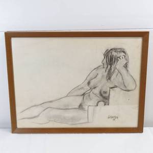 lot 42 image: Framed Vintage Naked Woman Charcoal Drawing - G Knutson 1964
