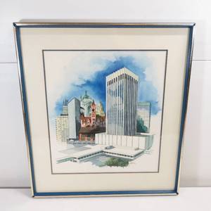 lot 52 image: Vintage US Bank Building Artist Rendering Watercolor EHR 74