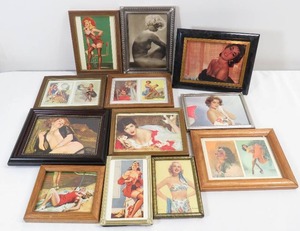 lot 55 image: Lot of 12 Vintage Framed Pin Up Rique Style Woman Prints