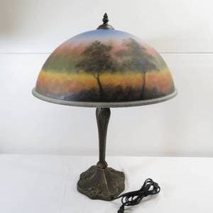 lot 69 image: Reverse Painted Lamp - Tree, Lake, Mountain Scene
