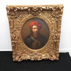 lot 177 image: LARGE Vintage Ornate Gold Gilt Frame Oil Painting Portrait of a Rabbi