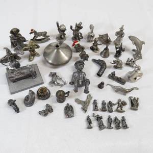 lot 211 image: Large Lot of Pewter Figurines - Wizards, Dinosaurs, Animals, People, Etc.