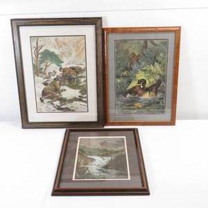 lot 225 image: Lot of 3 Framed Prints - Ducks, River and Magazine Cover