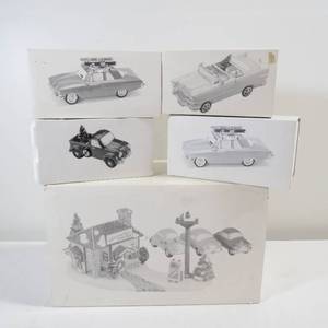 lot 253 image: Department 56 Snow Village Used Car Lot and 4 Cars
